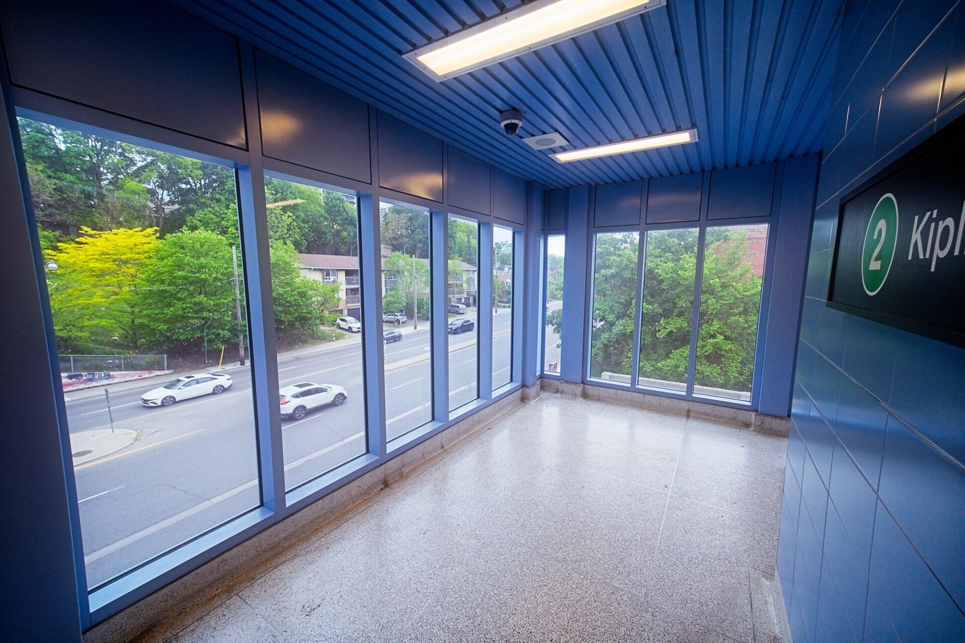 Walkway to elevators between track level and main level.