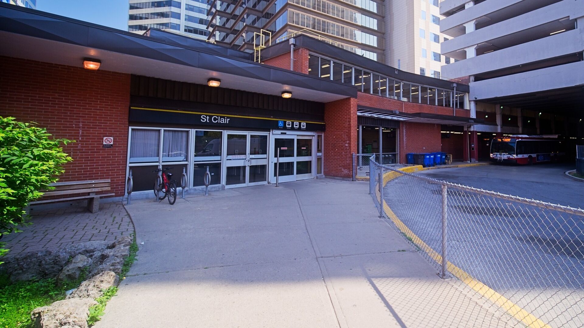 South entrance with view of bus bay. Opposite (out of frame) is a parkade.